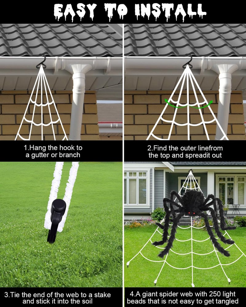 EH.DT Brighter Spider Webs Halloween Decorations Lights,250 Purple LED Light Up,8 Modes 16.4Ft Giant Spiderweb with Remote Control,48'' Giant Spider,Halloween Decor for Yard Outside - Image 4